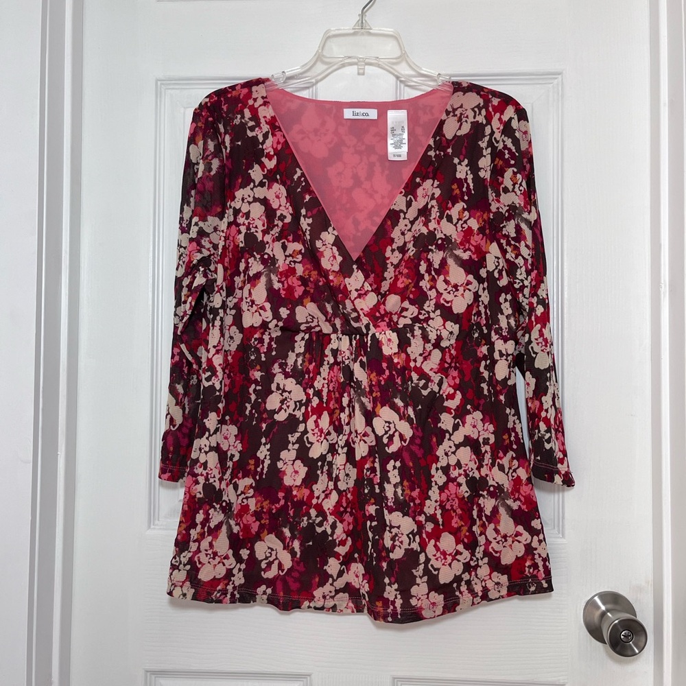 Liz & Me Floral V-Neck Blouse - Brown, Cream and Pink